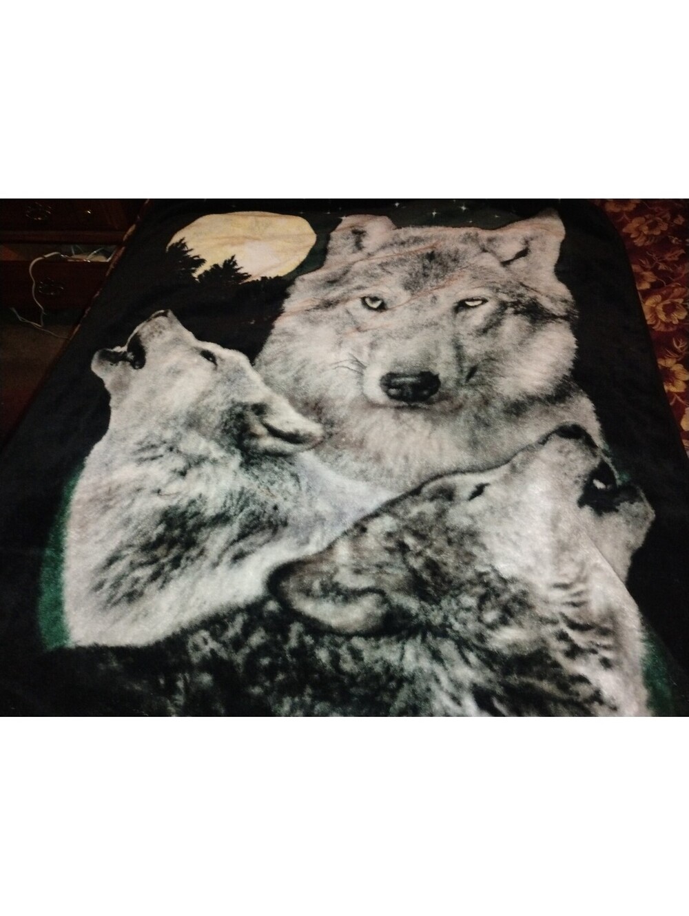 Wolf Print Fleece Blanket with Moon and Forest Design